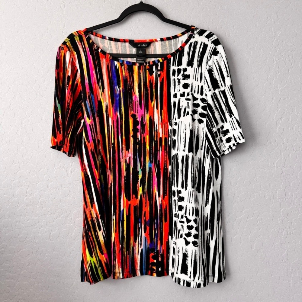 Ali Miles Medium Top Multicolor Short Sleeve Abstract Graphic Scoop Neck Print